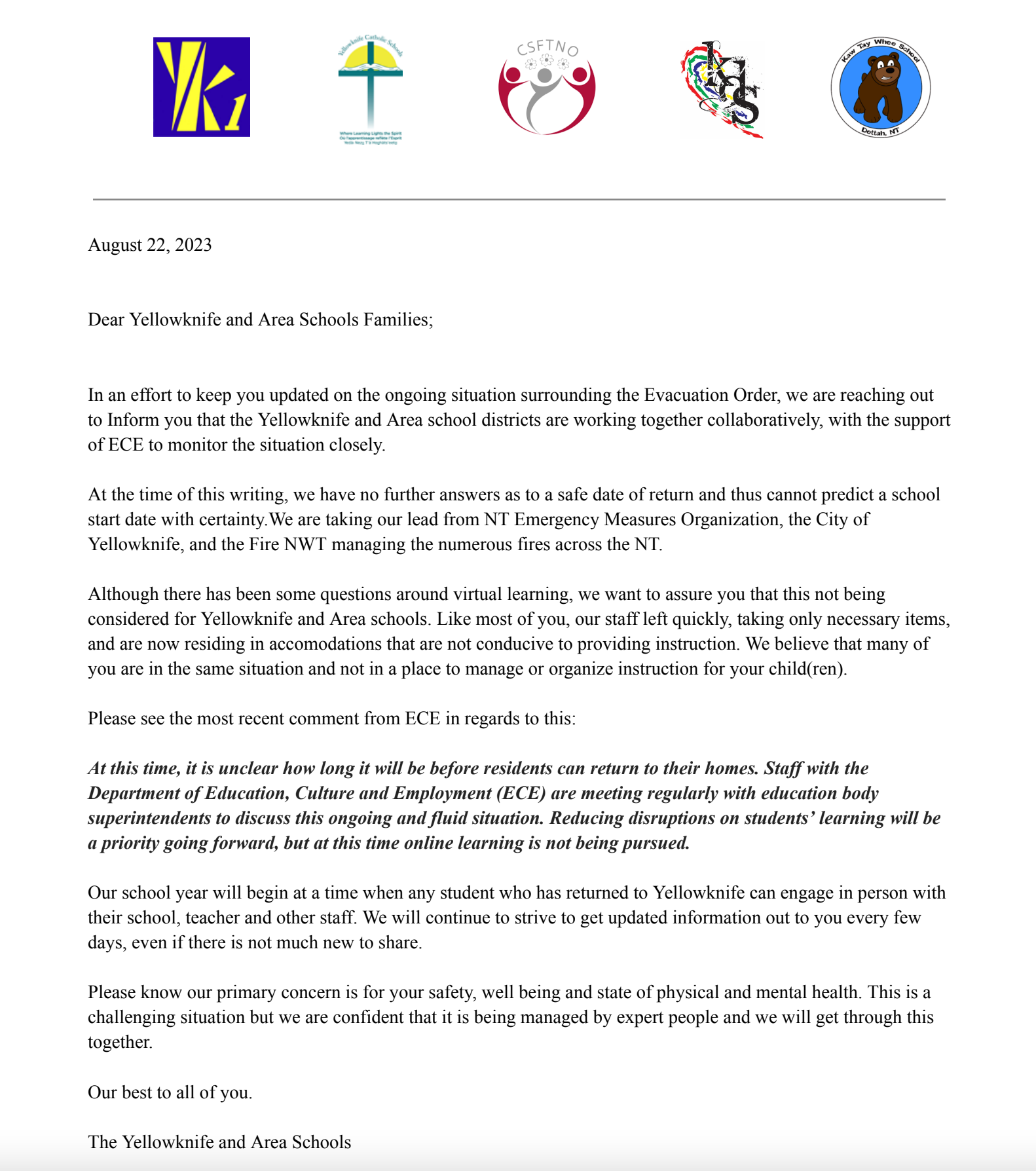 Letter to YK Families and Community